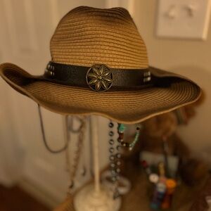 Brown Straw Cowboy Style Wide Brim Hat with Dark Brown Decorative Hat Band